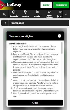 Termos e condições do bónus de boas-vindas da Betway Moçambique