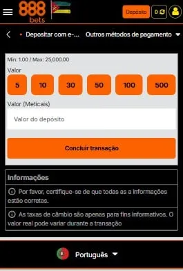 Sistema de depósito da 888Bets