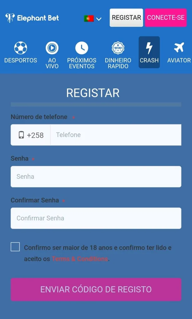 Formulário de registro Elephant Bet. Insira telefone, senha e confirme. Aceite termos para cadastro. Esportes, crash, aviator.