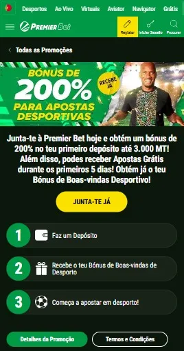 Banner da Premier Bet com bônus de 200% no primeiro depósito e Apostas Grátis por 5 dias