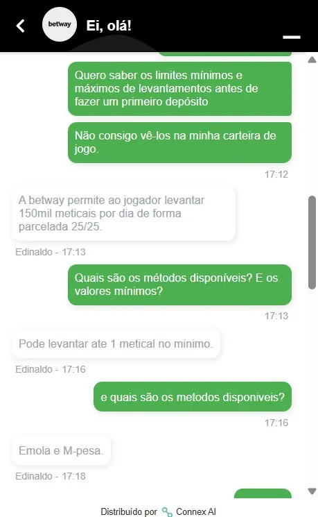 Conversa com o atendimento da Betway Moçambique com perguntas sobre saque