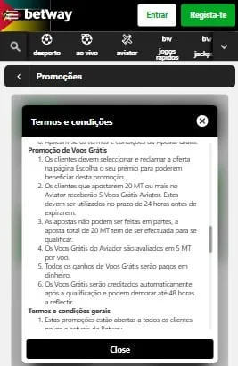 Termos e condições das promoções da Betway Moçambique