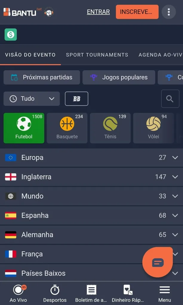 Interface mobile da Bantubet Moçambique, destacando apostas ao vivo, jackpots desportivos, odds competitivas em futebol e recursos de apostas rápidas.