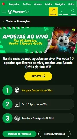 Banner da Premier Bet com promoção de aposta grátis a cada 10 apostas ao vivo