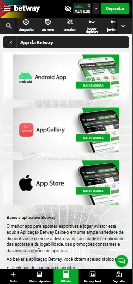 Página para download do app da Betway Moçambique
