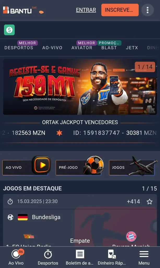 Interface da Bantubet Moçambique com destaque para apostas desportivas ao vivo, e-sports, jogos virtuais e facilidades de depósito via M-Pesa.