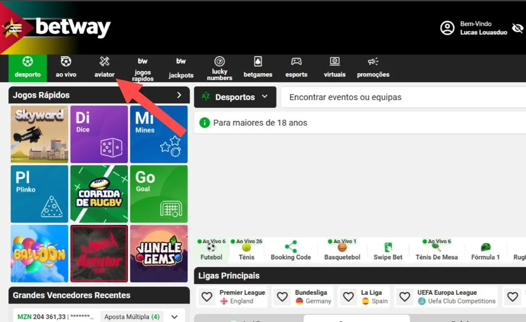 Página inicial da área de cassino da Betway em Moçambique