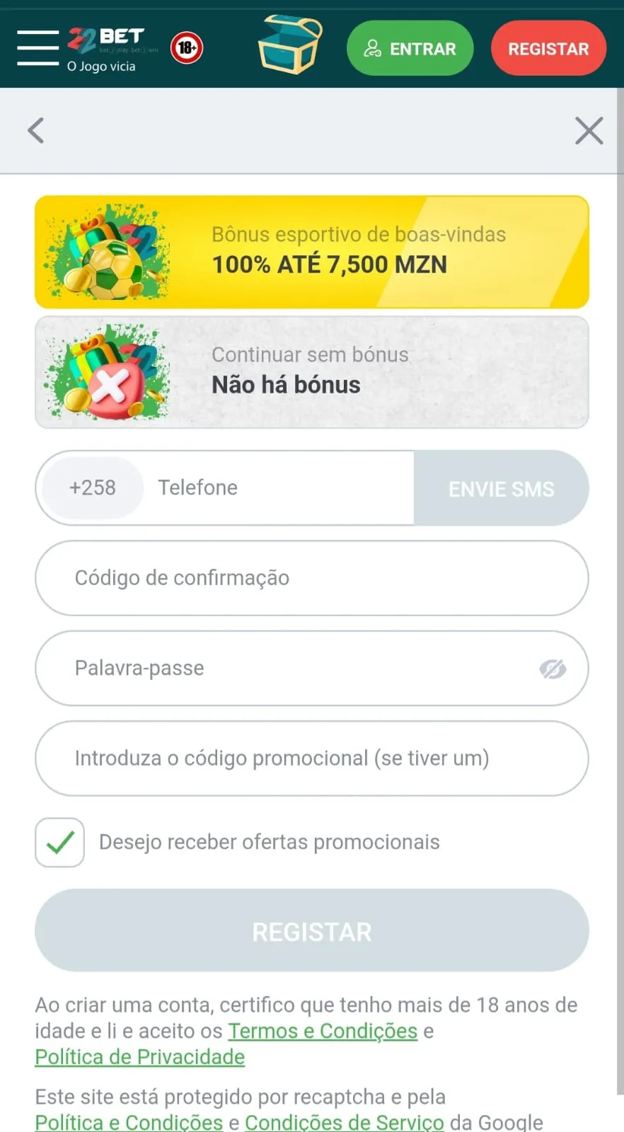 Formulário de registro na 22Bet com opção de bônus de boas-vindas ou não.