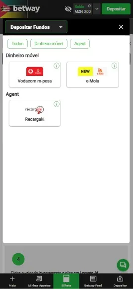 Página para escolher método de saque na Betway Moçambique