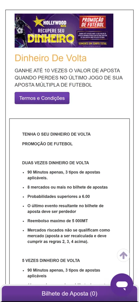 Promo Dinheiro de Volta na Hollywoodbet