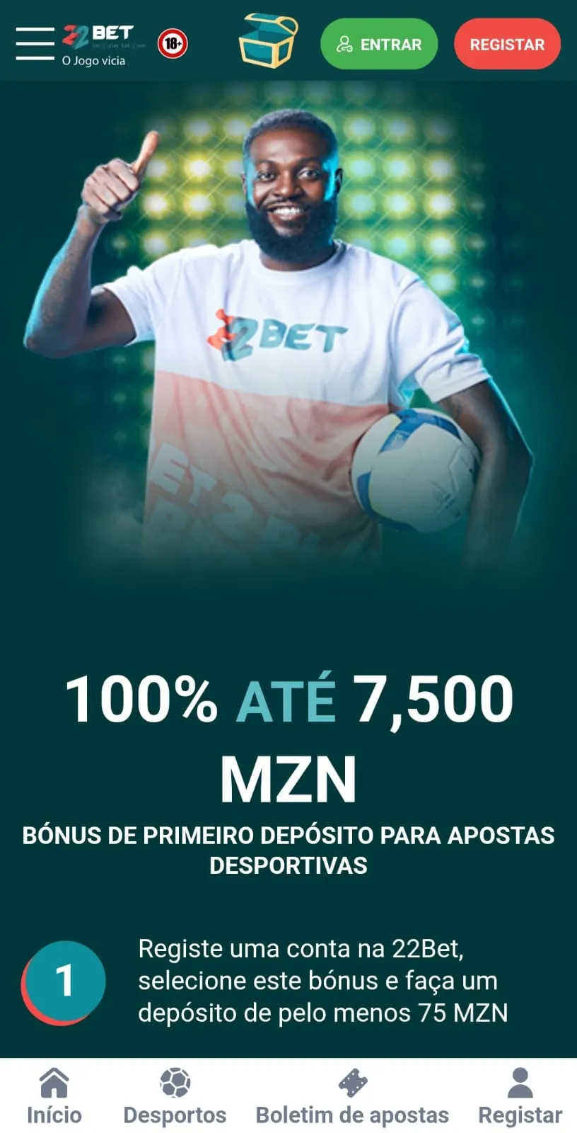 Promoção de boas-vindas da 22Bet com 100% do primeiro depósito até 7.500 MT.