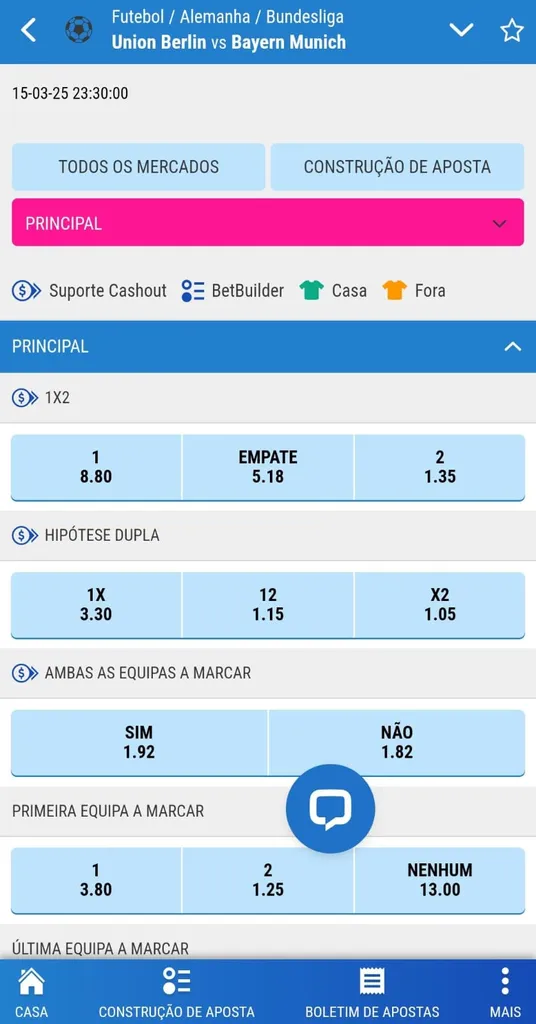 Apostas Union Berlin vs Bayern Munich. Bundesliga, odds 1X2, hipótese dupla, ambas marcam, primeiro a marcar. Cashout e BetBuilder.