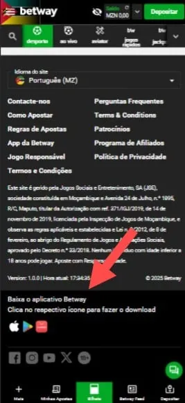 Link para download do app da Betway Moçambique no footer do site