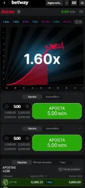Rodada de Aviator no app da Betway Moçambique