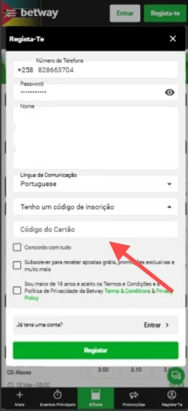 Campo para inserir código promocional na Betway Moçambique