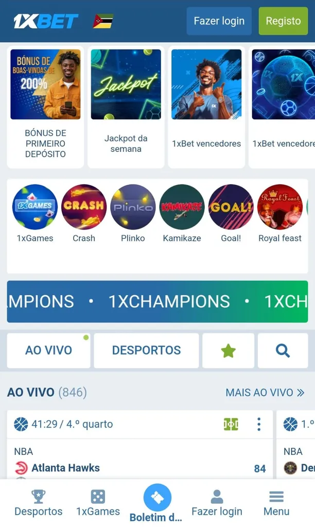Homepage da 1xBet Moçambique destacando promoções exclusivas, apostas ao vivo, Crash Games e o fácil registo através do telemóvel.
