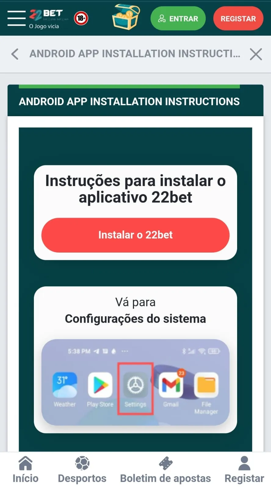 Área de download do app 22Bet no site.