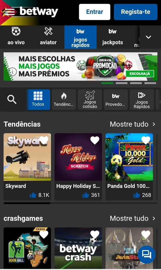 Página da Betway em Moçambique com odds atrativas em apostas desportivas, jogos rápidos como Aviator e facilidades para depósitos e levantamentos rápidos.