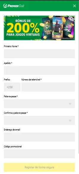 Formulário de registo do Premier Bet com bônus de 200%