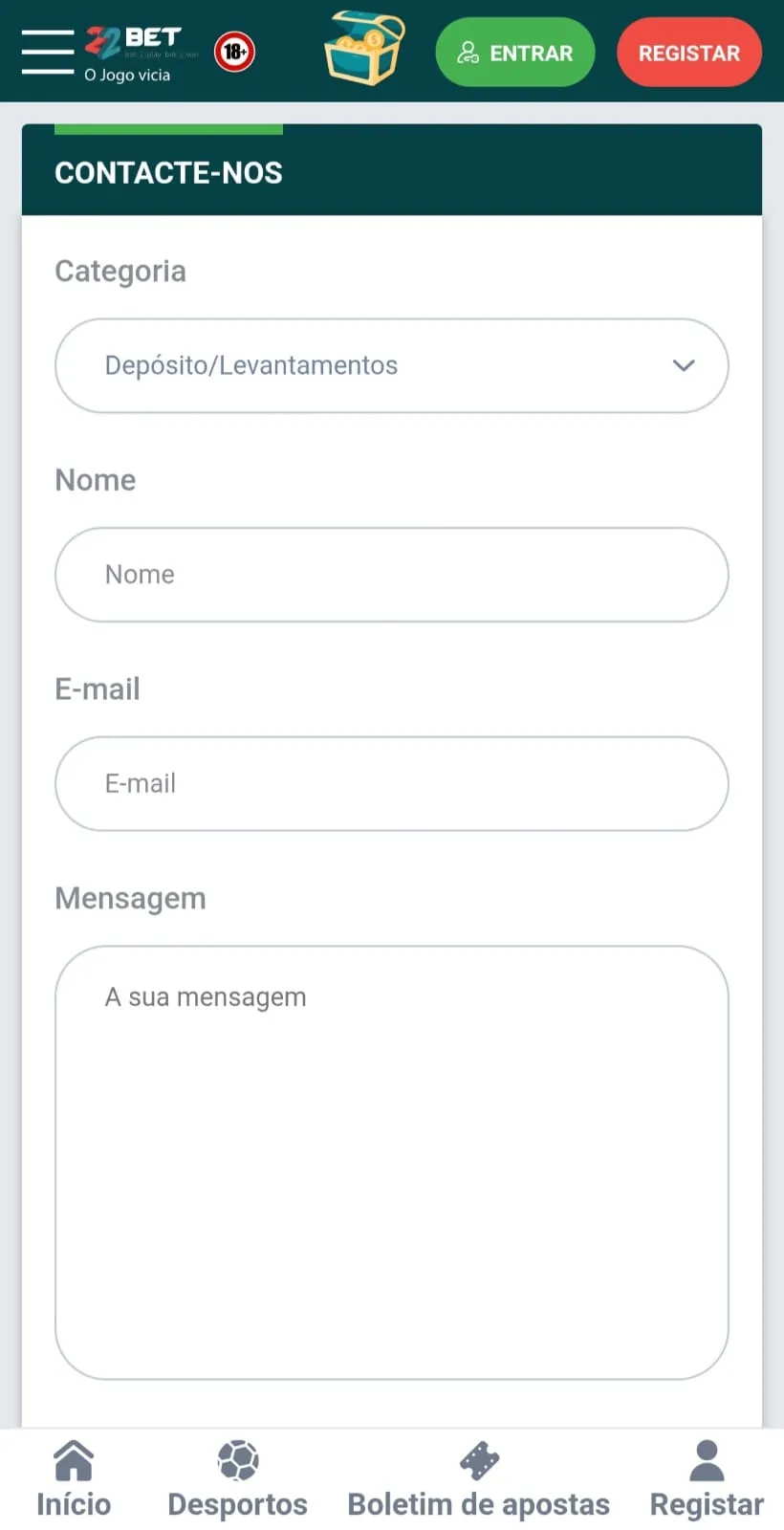 Formulário de contacto da 22Bet.