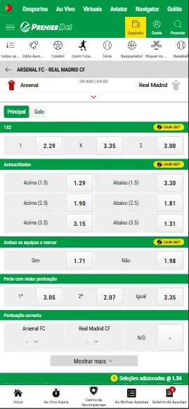 Página de odds de diferentes mercados para a partida entre Arsenal e Real Madrid, pela UEFA Champions League.