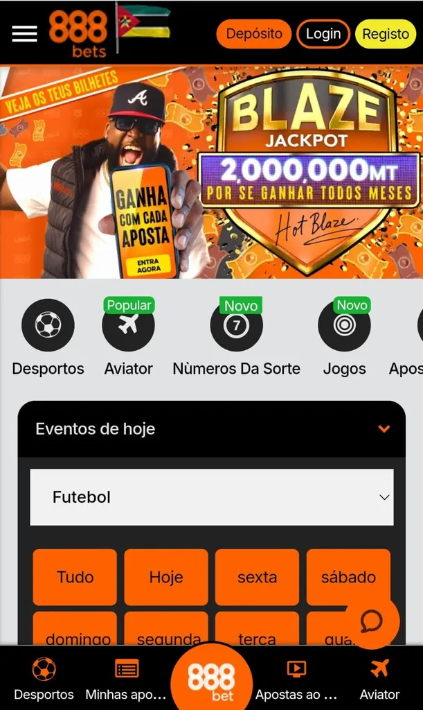 Página inicial da versão mobile da 888bets em Moçambique com destaque para jackpot Blaze de 2.000.000 MT, apostas desportivas rápidas e jogos populares como Aviator.