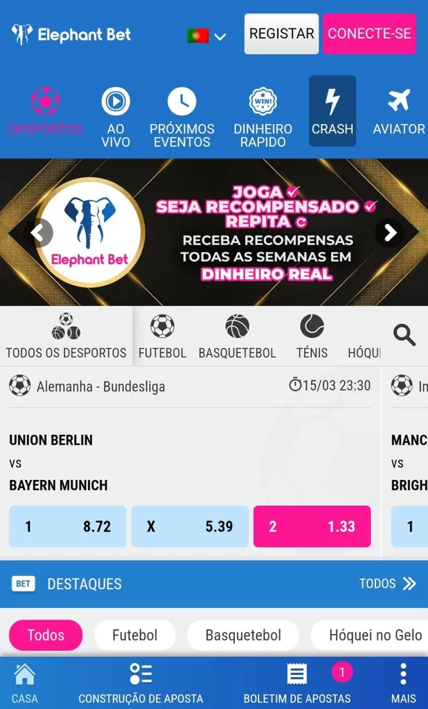 Página inicial da Elephant Bet, destacando apostas desportivas, cashout, Aviator e métodos de pagamento populares em Moçambique como M-Pesa e E-Mola.