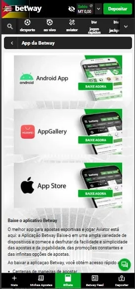 Página de download do app Betway Moçambique