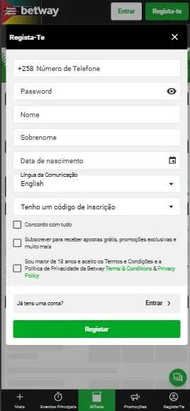 Formulário de registro da Betway