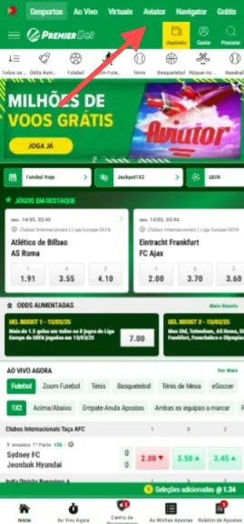 Site da Premier Bet com uma seta a apontar para o jogo Aviator e um banner de promoção de voos grátis para o jogo.
