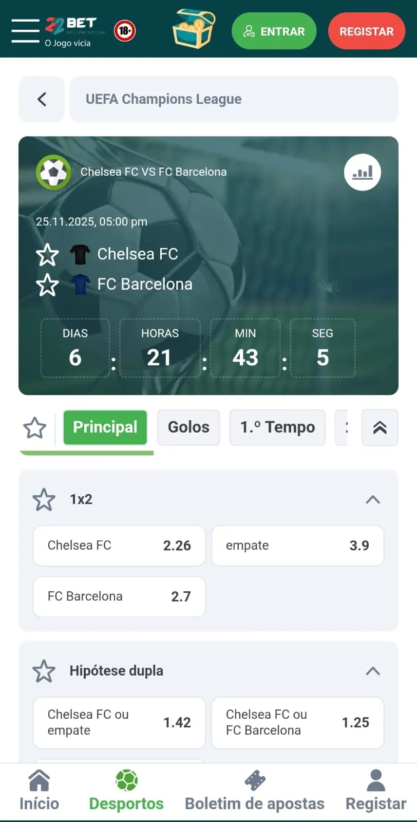 mercados de aposta para o jogo Chelsea x Barcelona pela Champions League na 22Bet.
Captura feita em 18/11. Odds relativas ao momento da captura