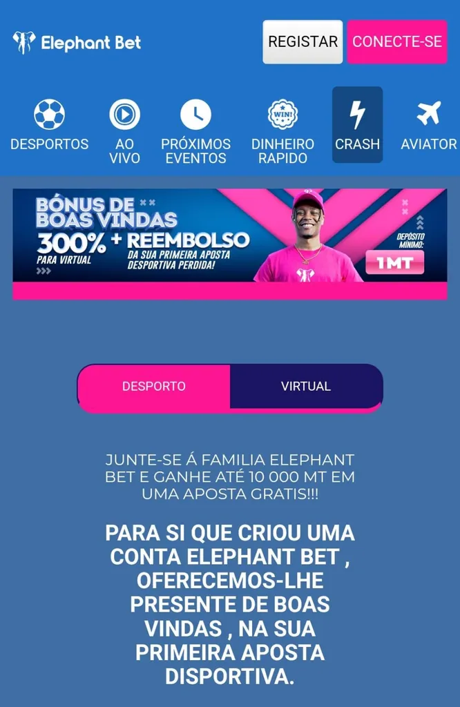Promoção Elephant Bet: bônus 300% + reembolso. Apostas online, esportes, crash, aviator. Ganhe até 10.000 MT.