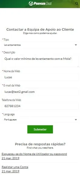 Formulário de contato para suporte ao cliente da Premier Bet, com opções para recuperação de senha e registo de conta.