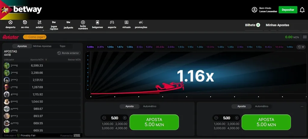 Uma rodada de Aviator na Betway Moçambique