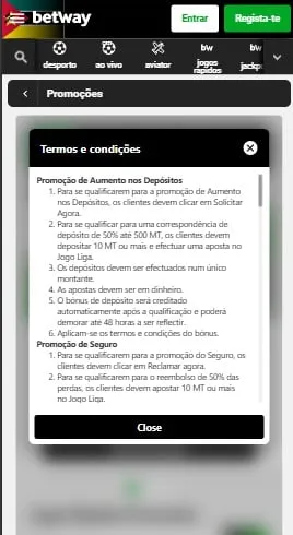 Termos e condições das promoções da Betway Moçambique