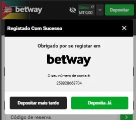 Mensagem de finalização de cadastro na Betway Moçambique