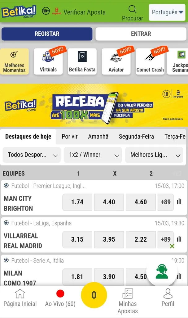 Site da Betika Moçambique oferecendo cashback de até 100x em apostas múltiplas, odds competitivas e métodos de pagamento locais como M-Pesa.