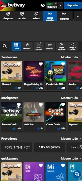 Página de crash games da Betway em Moçambique