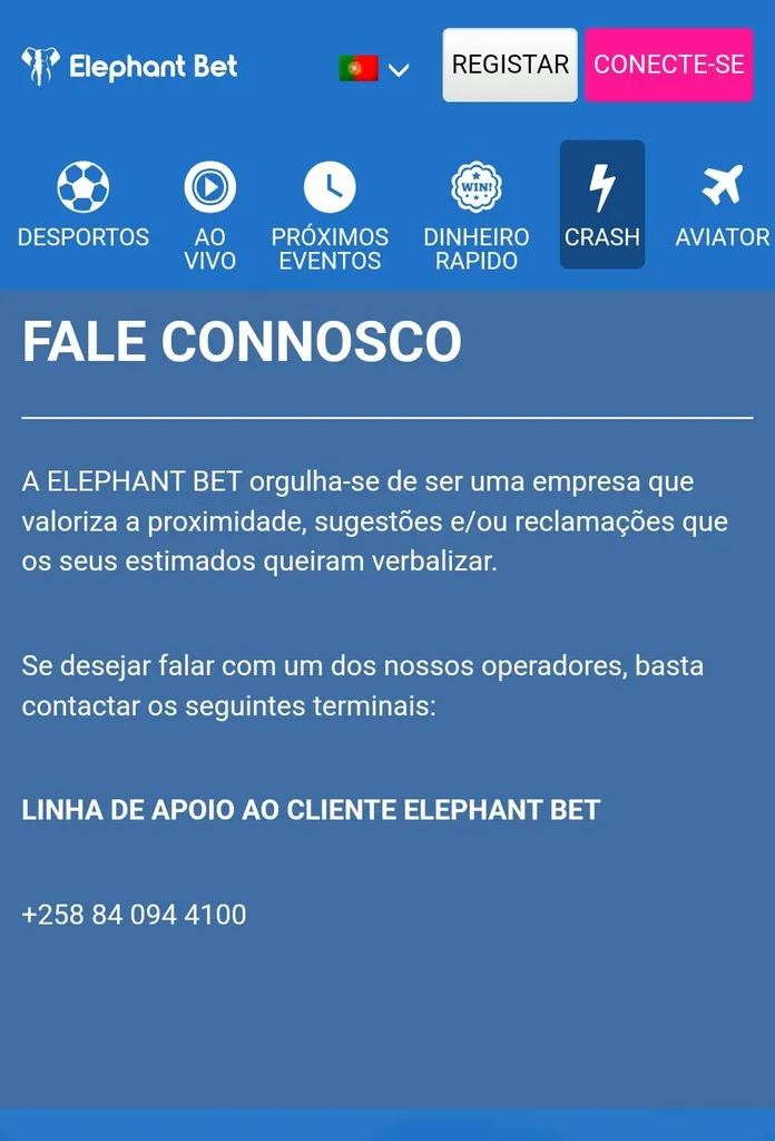 Contato Elephant Bet: +258 84 094 4100. Suporte ao cliente, sugestões e reclamações. Esportes, crash, aviator.