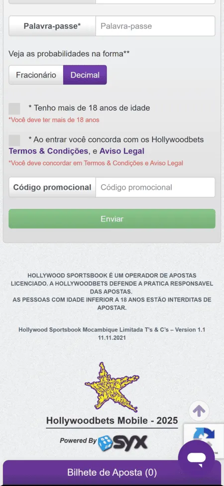 Código promocional na Hollywoodbet