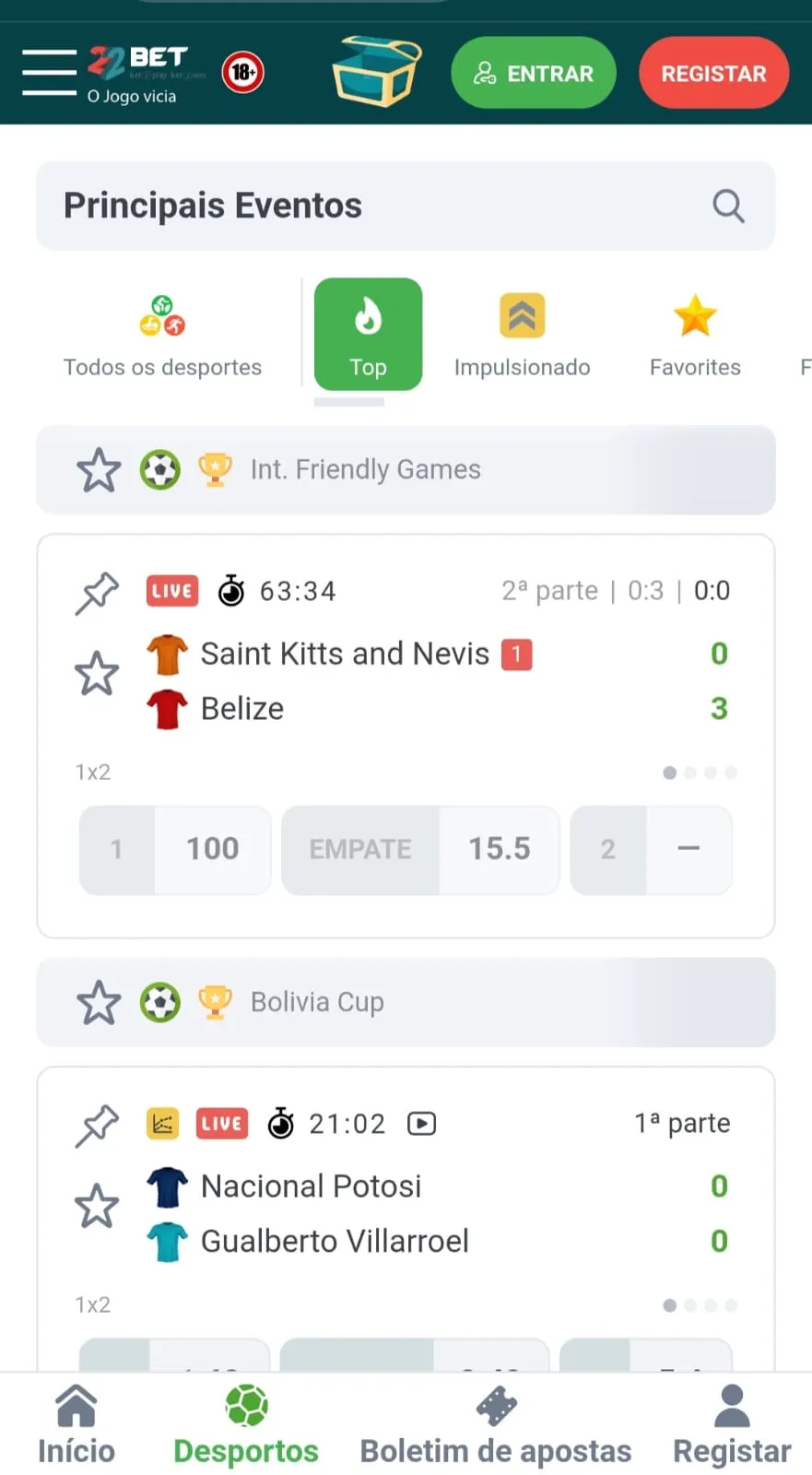 Apostas ao vivo na 22Bet