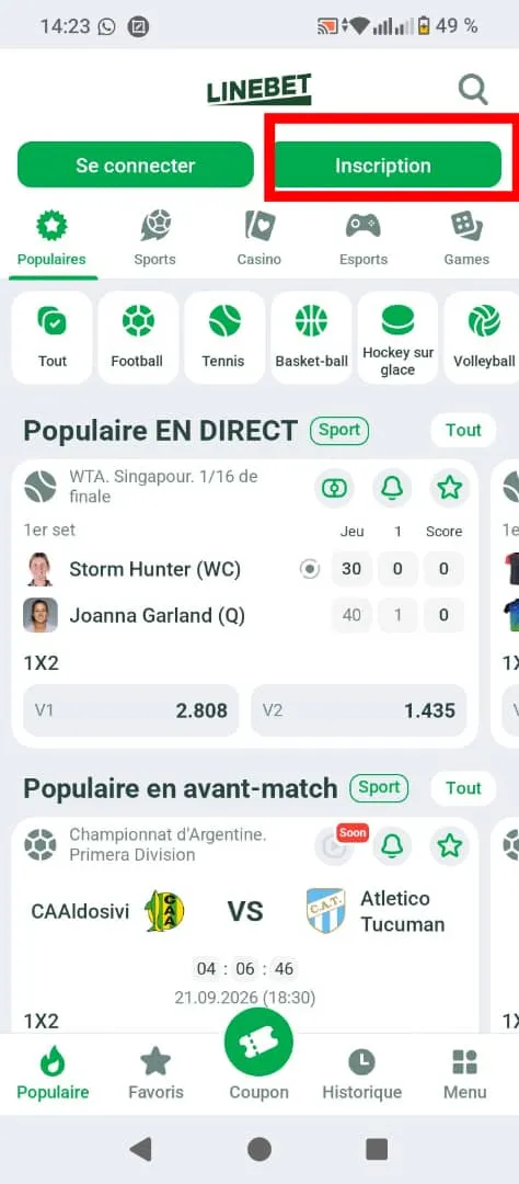 Bouton d'inscription Linebet sur l'application