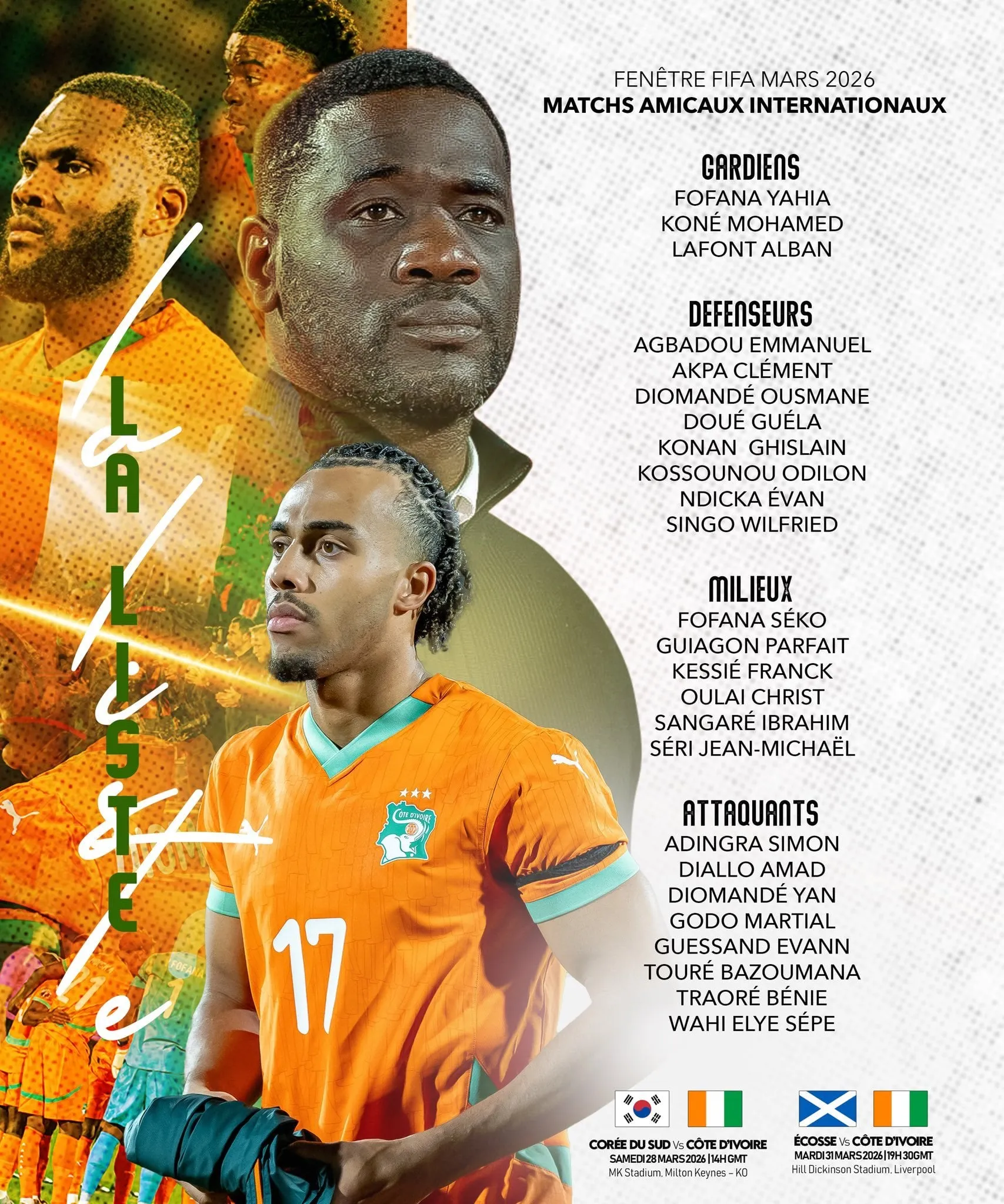 Liste de C&ocirc;te d&rsquo;Ivoire sans Nicolas P&eacute;p&eacute; avec Elye Wahi