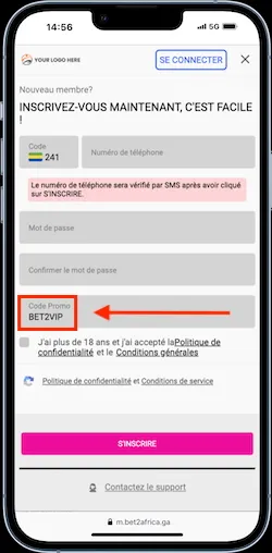 Inscrivez-vous avec le code promo Bet2Africa