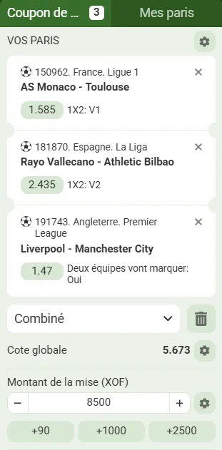 Combin&eacute; Linebet code promo AFRIKBET : Rayo Bilbao Liga, Monaco Toulouse Ligue 1, Liverpool Manchester City Premier League - octobre 2026