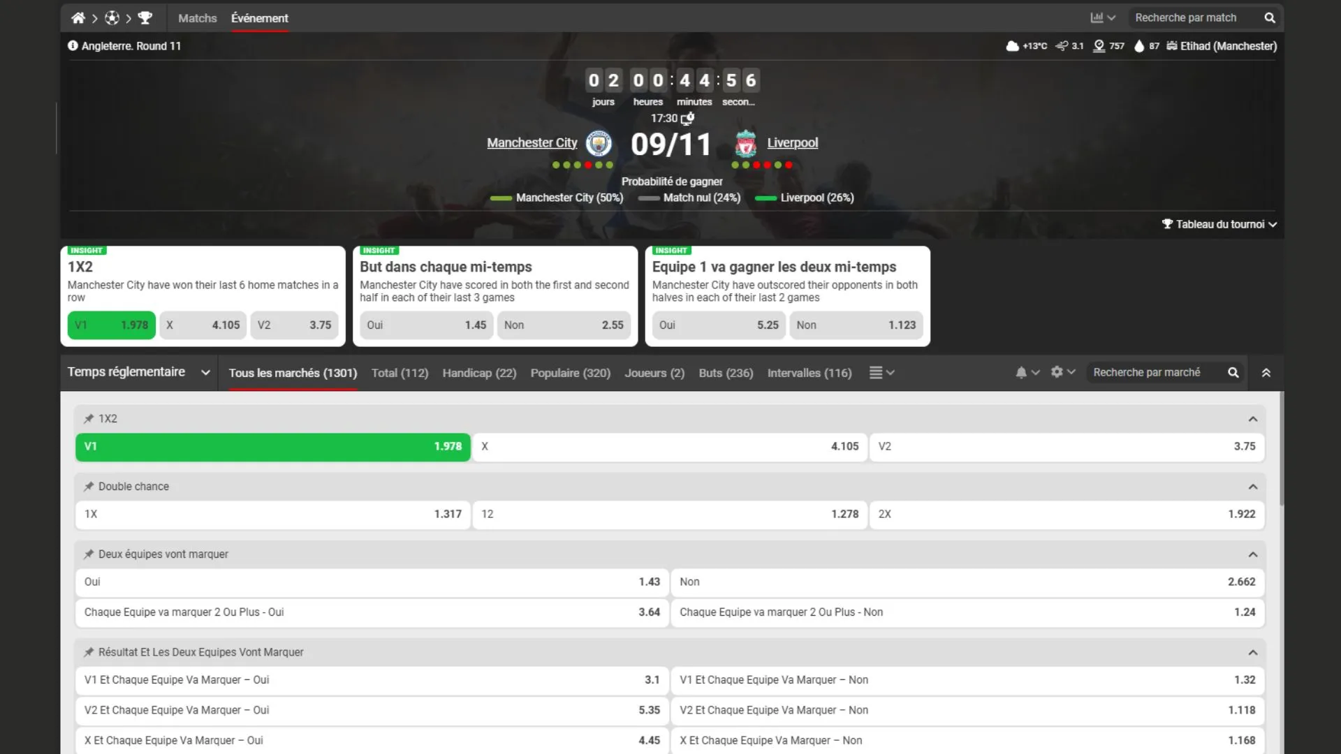 Cotes Manchester City Liverpool 888starz