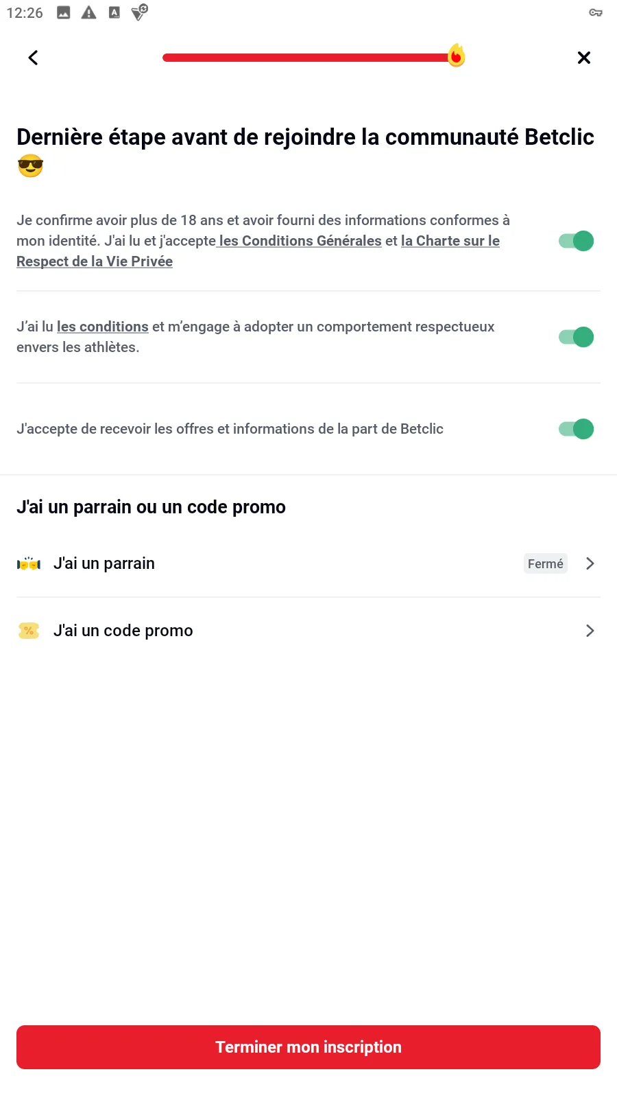 Confirmation majorit&eacute; +18 ans, acceptation termes et conditions Betclic
