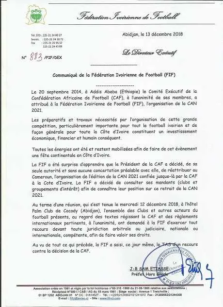 CAN 2021 : la C&ocirc;te d&rsquo;Ivoire saisit le TAS !
