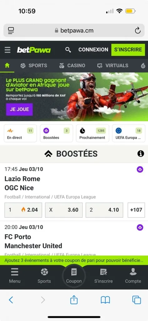 Vue du site mobile betPawa