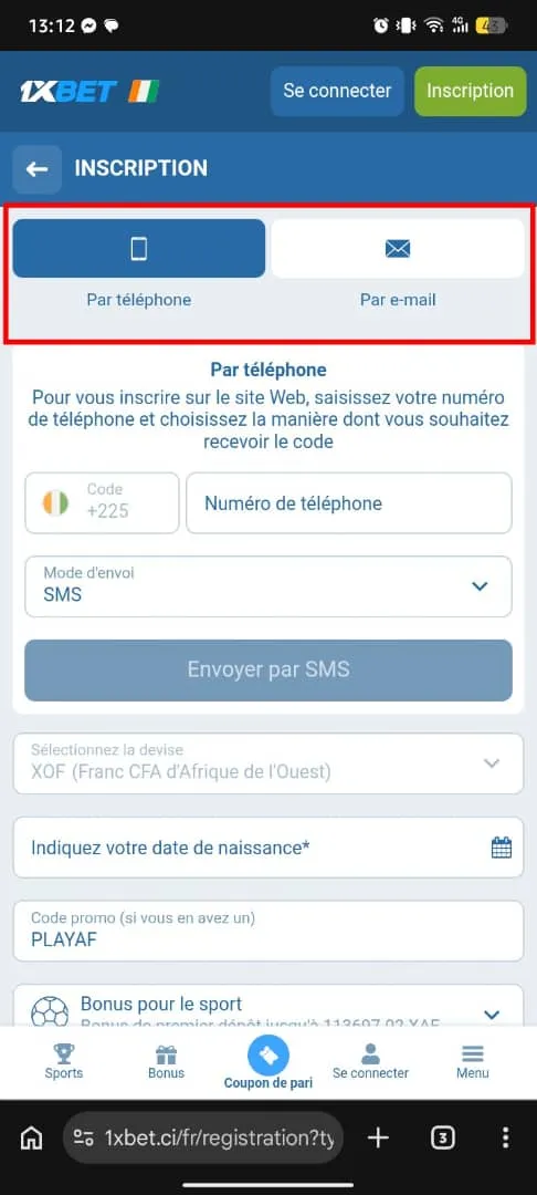Les m&eacute;thodes d'inscription sur 1xBet CI
